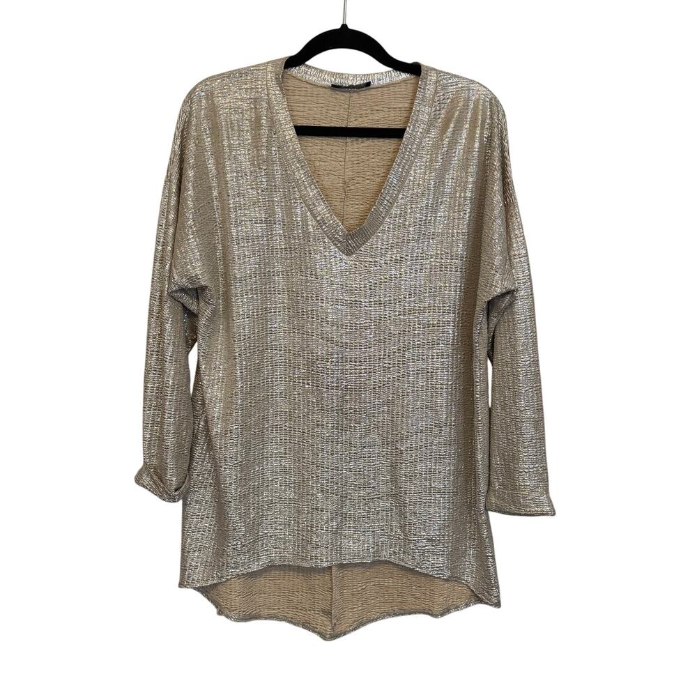 Vie Ta Vie Paris Blouse Womens XL Tan Metallic Plisse Funky Disco Evening Party